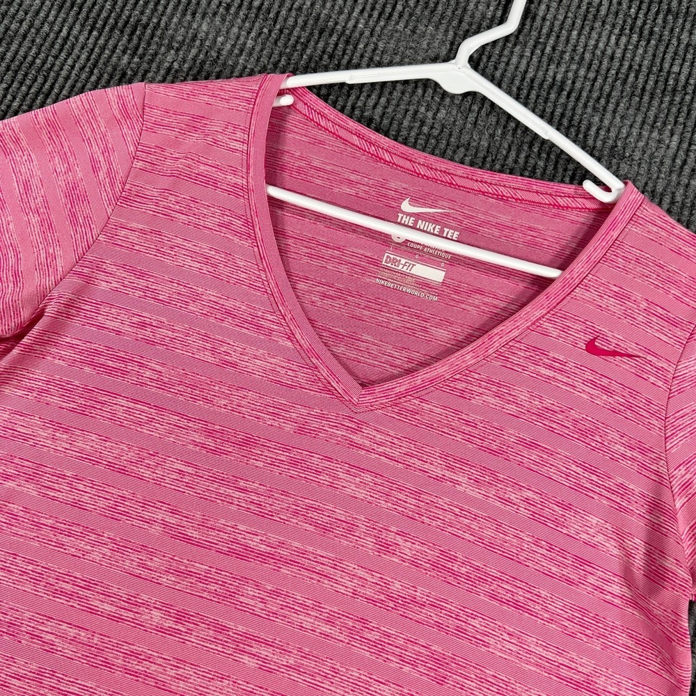 Nike Tee‎ Dri Fit Shirt Womens Large Pink Striped Short Sleeve Athletic Workout